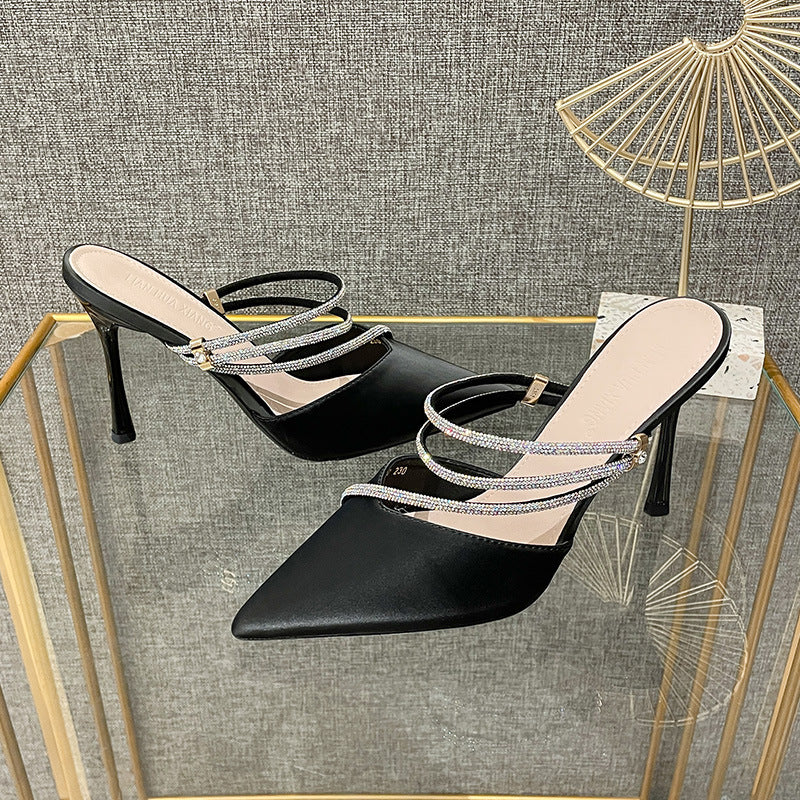 Pointed High Rhinestone Strap Stiletto Summer Daily Heels