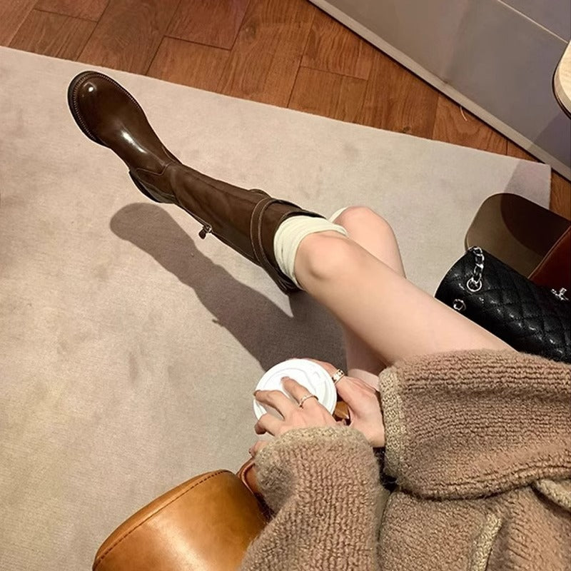 Women's Grape Long Thick Bottom Riding Large Size Pleated Women's Leather Boots