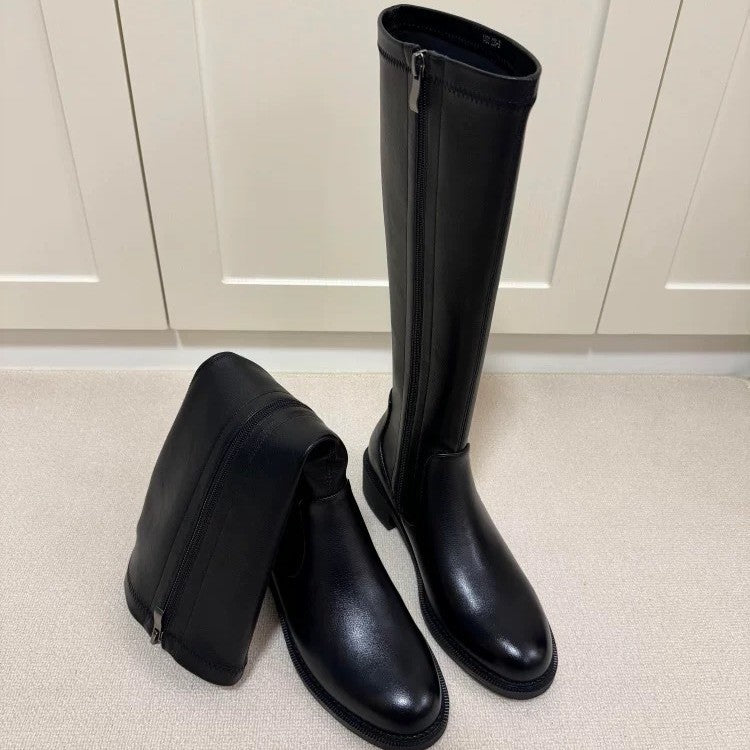 Women's Simple Graceful Round Head Chunky Knight Side Zipper Long Tube Women's Leather Boots