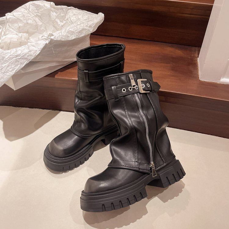 Women's Brown Slimming British Style Platform Martin Summer Women's Leather Boots