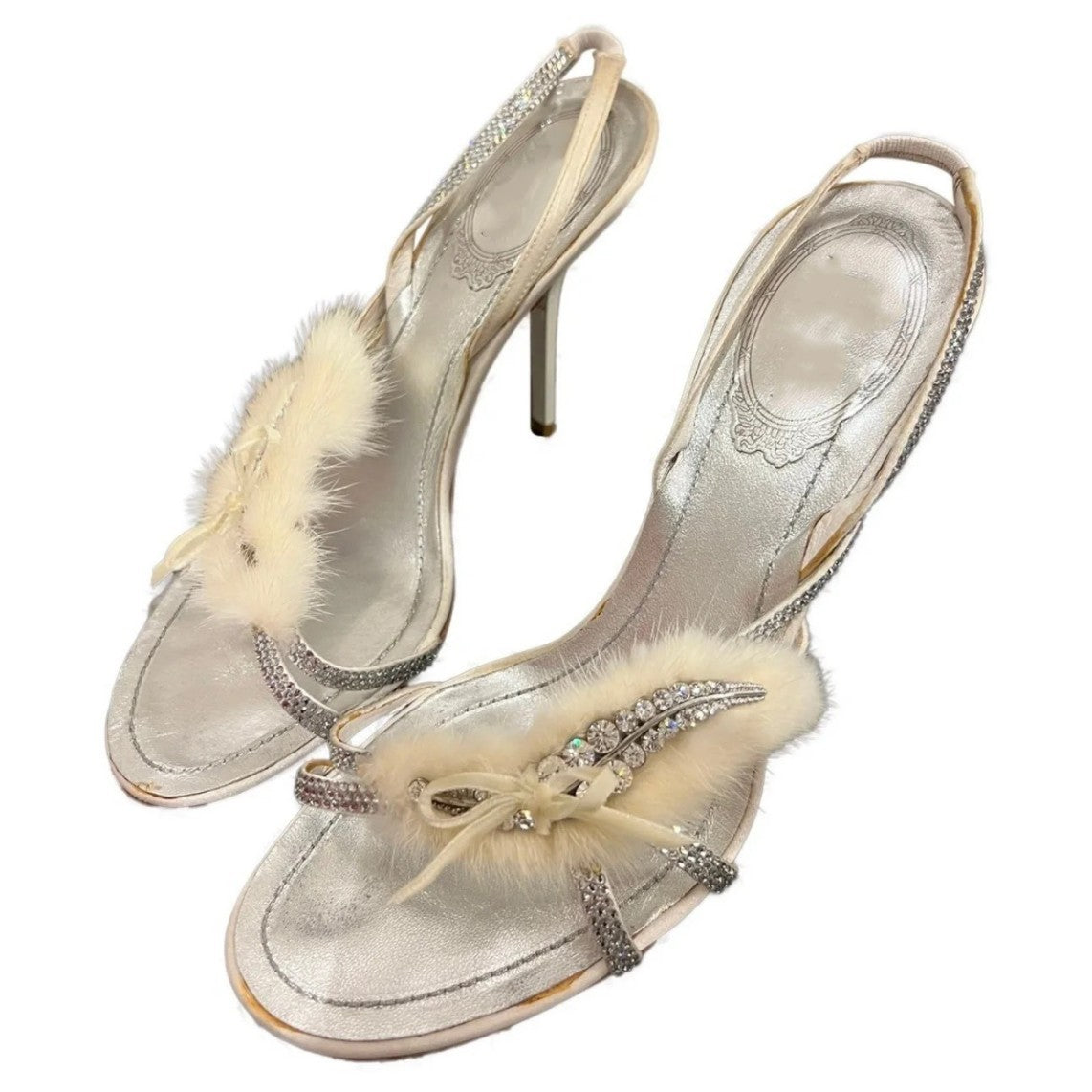 Women's Backstrap Fur Summer Rhinestone Open Toe Heels