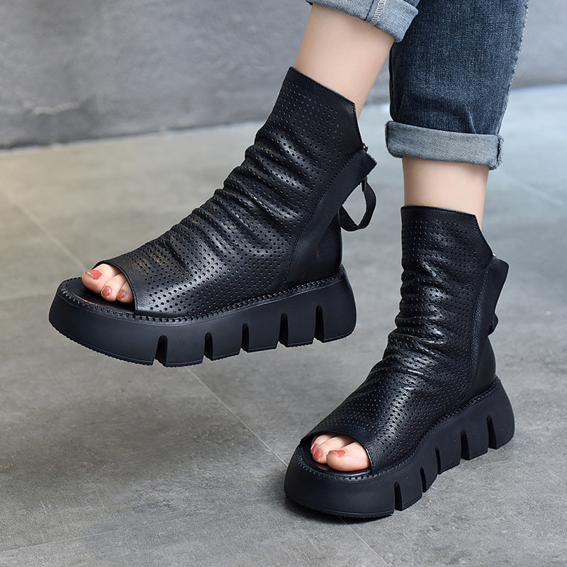 Women's Fashion Platform Cowhide Genuine Hole Peep Flat Sandals