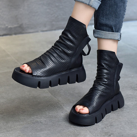 Women's Fashion Platform Cowhide Genuine Hole Peep Flat Sandals