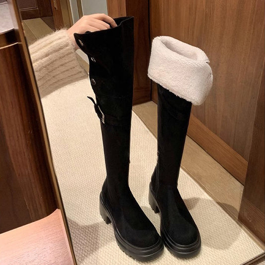Bottom Lamb Fur Chunky High Over The Knee Elastic Boots