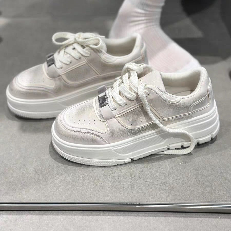 Women's Thick Bottom Pearlescent Lock White Sports Height Increasing Women's Casual Shoes