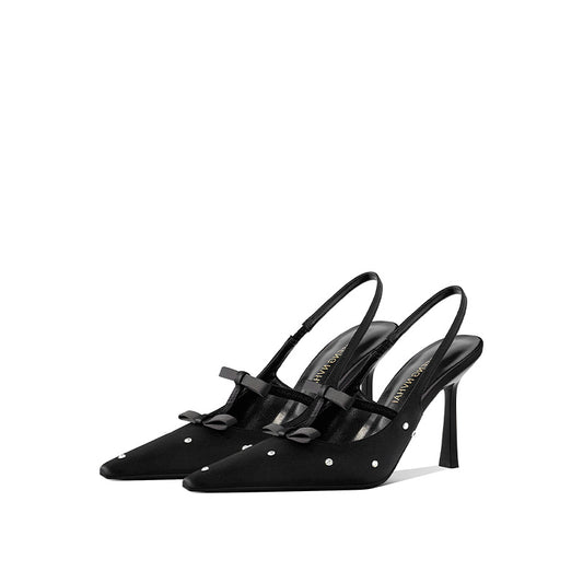 Design Rhinestone Bow Sexy Black Stiletto Square Toe Beautiful Heels