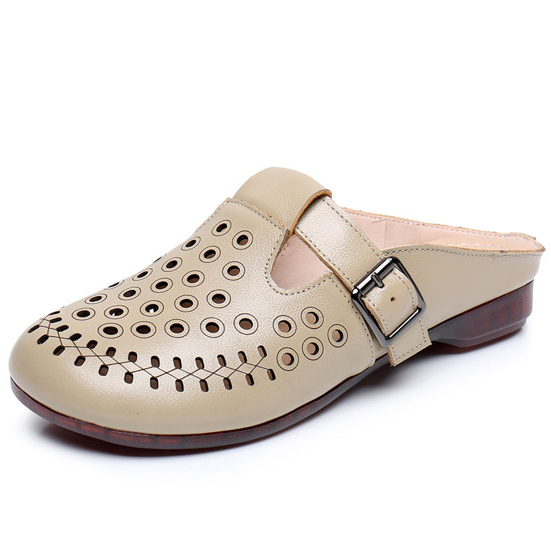 Women's First Layer Cowhide Flat Soft Bottom Hollow Sandals
