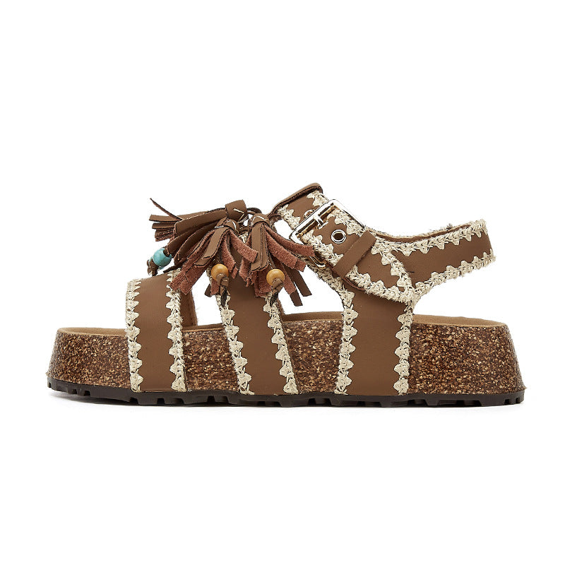 Platinum Summer Round Toe Korean National Style Tassel Roman Embroidered Platform Sandals