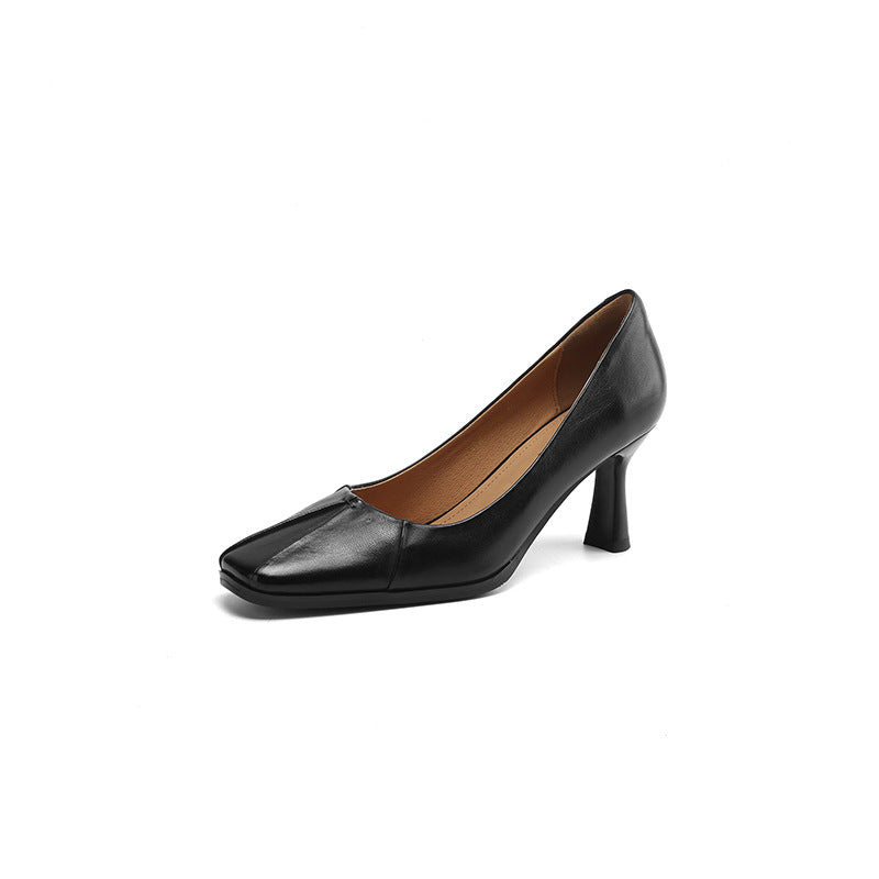 French Low-cut Stiletto Commuter Slip-on Square Toe Leather Shoes
