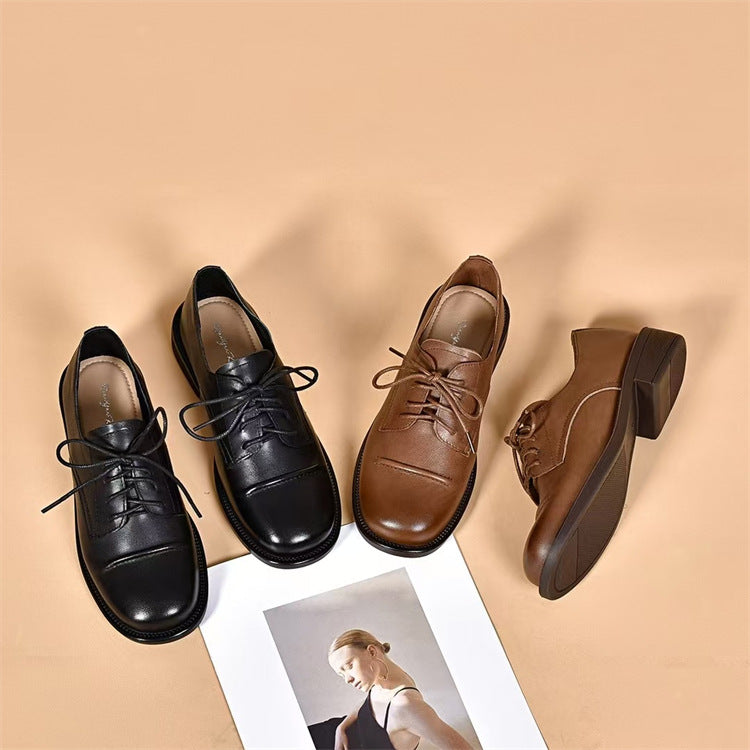 Women's Up Thick Flat First Layer Cowhide Preppy Loafers