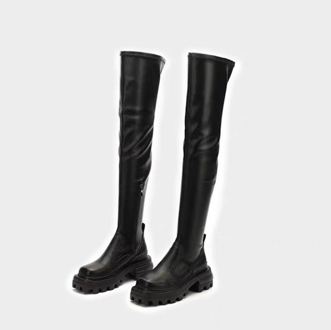 Sugar Series Thick Bottom Long Female Slimming Biker Side Women's Leather Boots