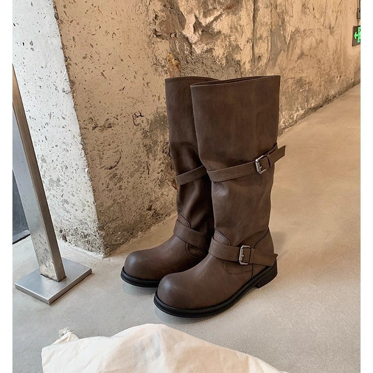 Large Round Toe Pants Chunky Platform Genuine Long Knight Female Women's Leather Boots