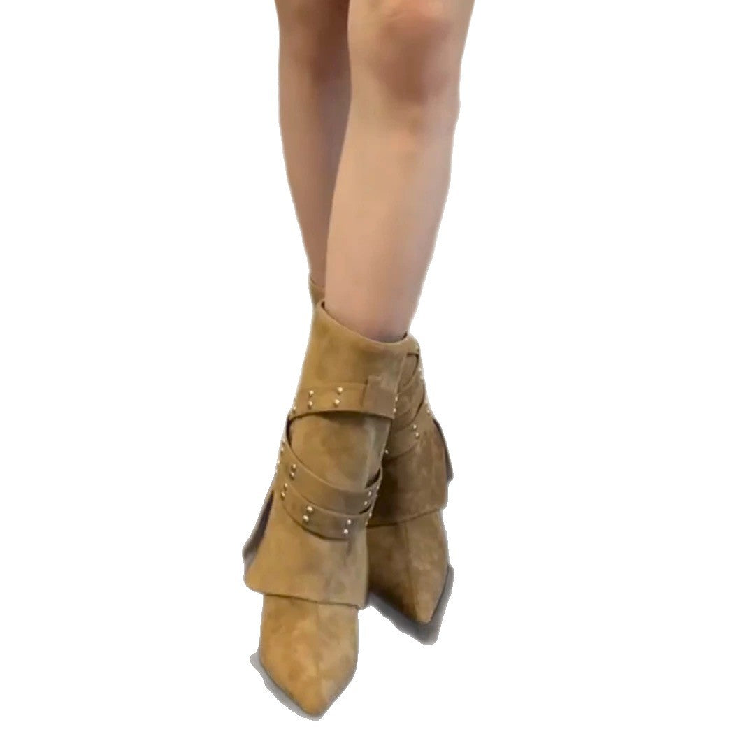 Women's Belt Buckle Wide Tube Pointed Skinny Stilettos Boots