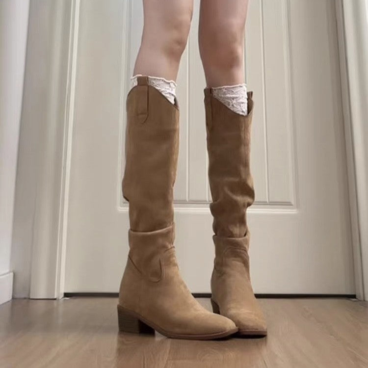 Women's Version Small Height Increasing Insole Pleated Pile Style Knight Western Women's Leather Boots