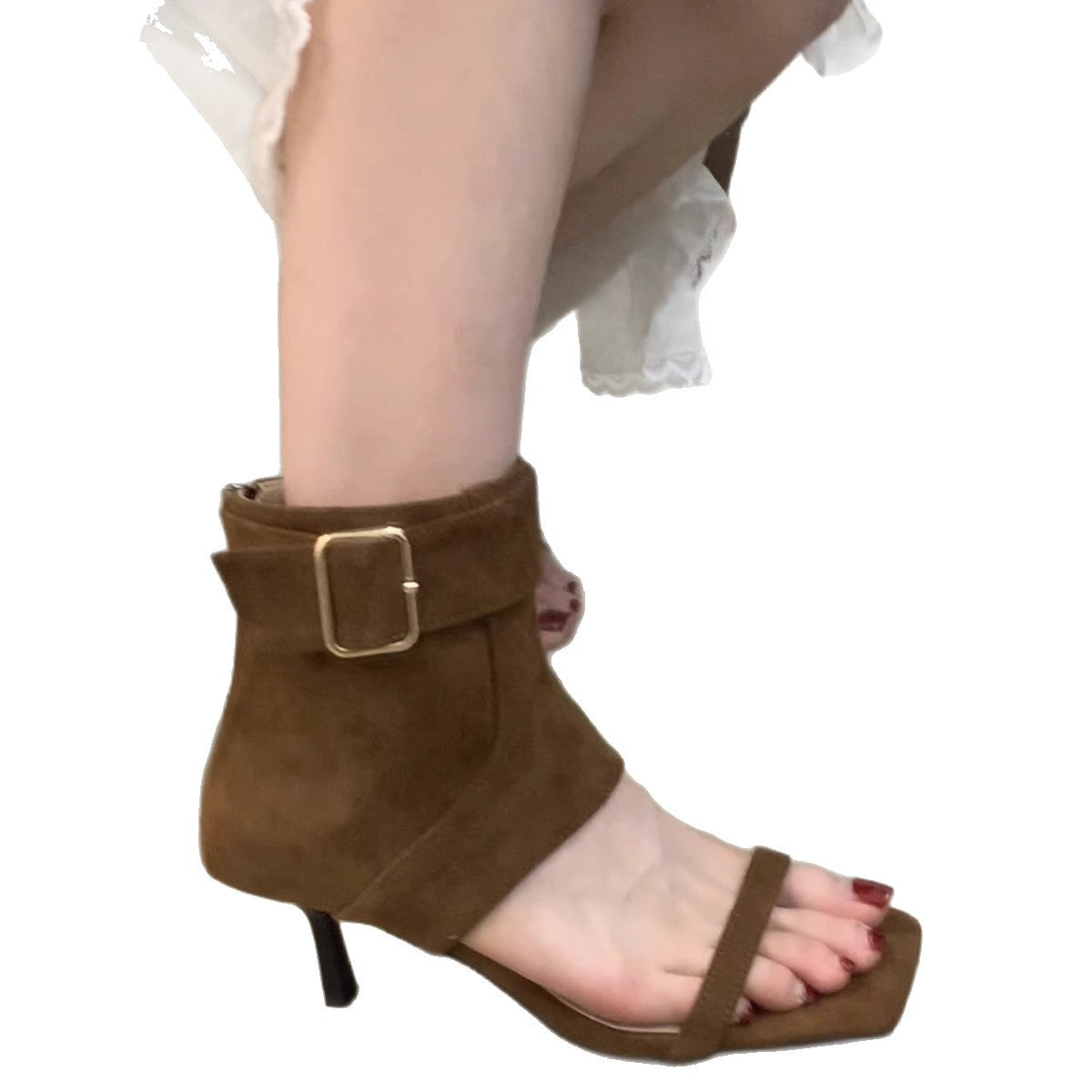 Stiletto Female Little Fairy Vintage Suede Open Toe Belt Heels