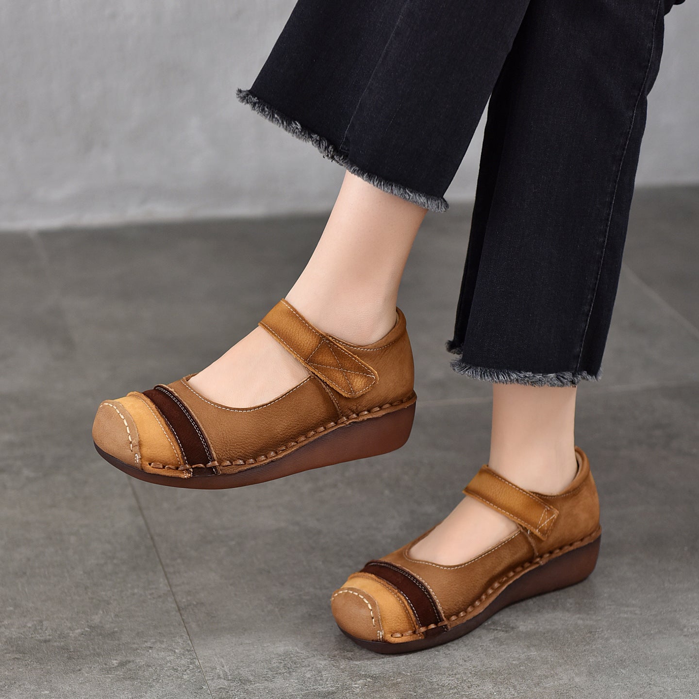 Women's Toe Stitching Genuine Soft Bottom Wedge Pumps Men's Shoes