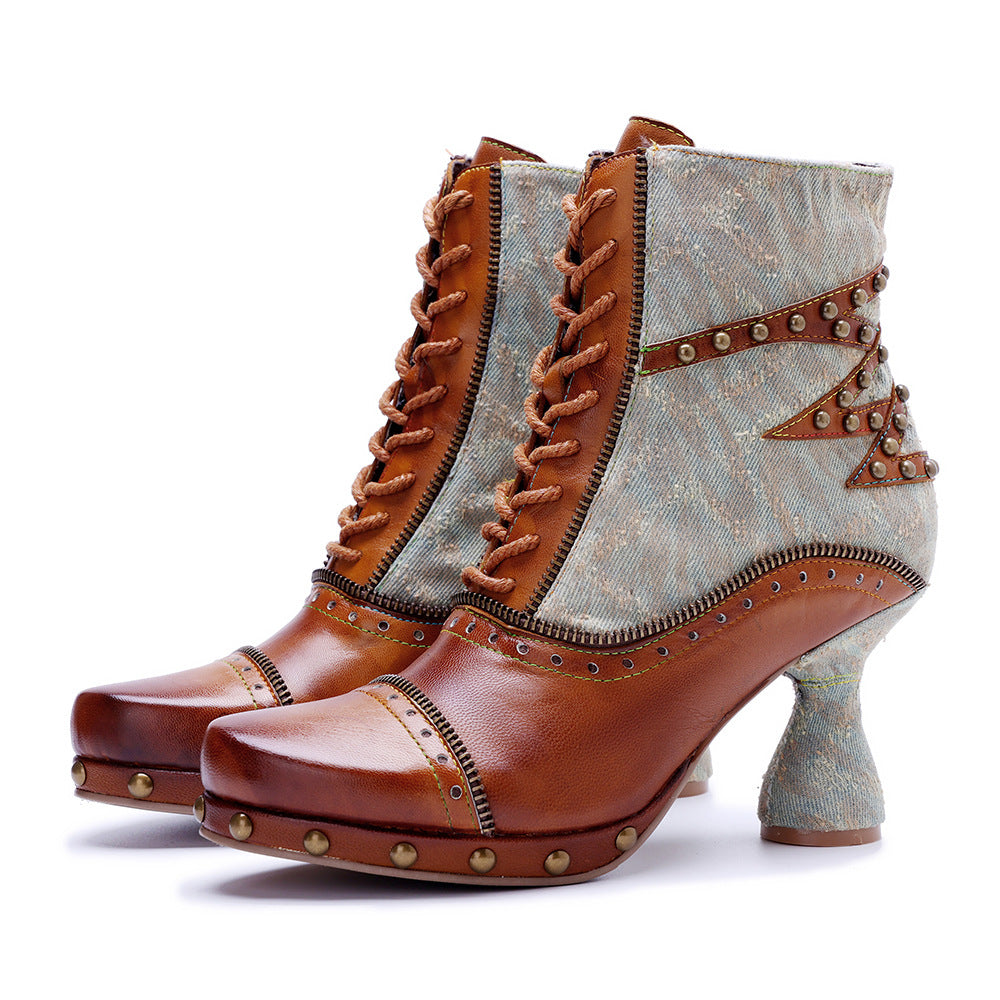 Women's Hand-rub Color Stitching Locomotive Rivet Tie Women's Leather Boots