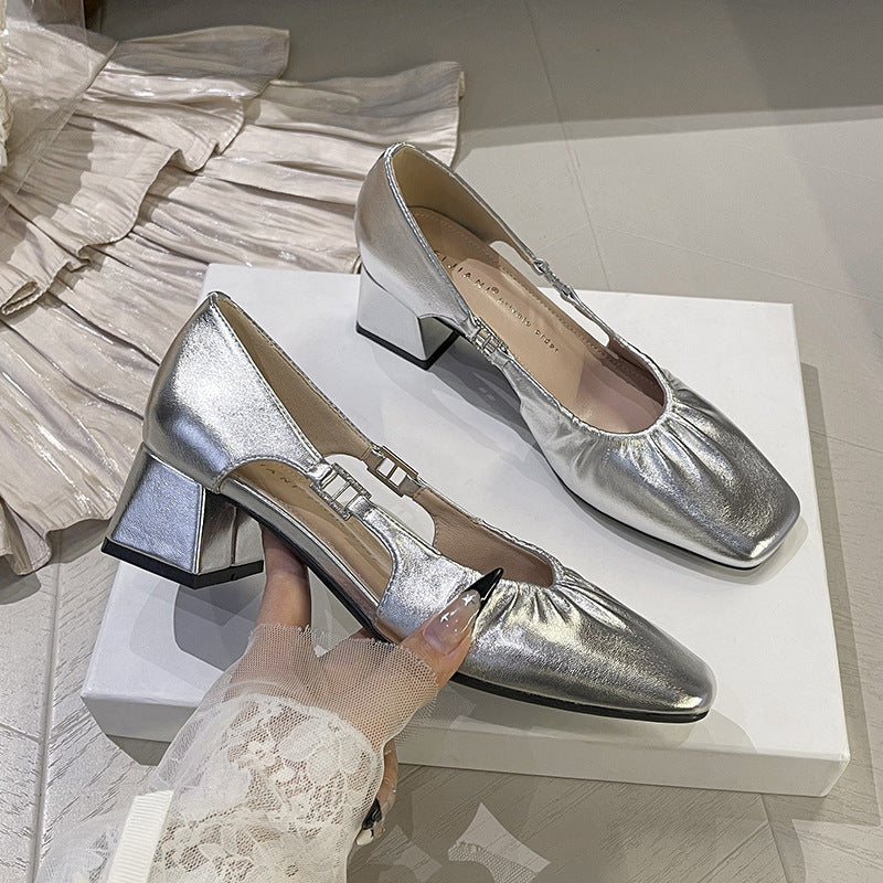 Entry Lux Elegant Pleated Chunky Mary Jane Female Square Toe Women's Fashion Shoes