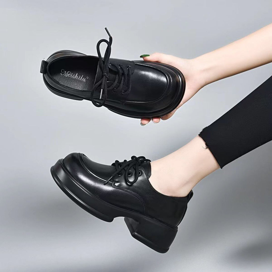 Women's Genuine Retro Lace Up British Style Increased Round Head Thick Loafers