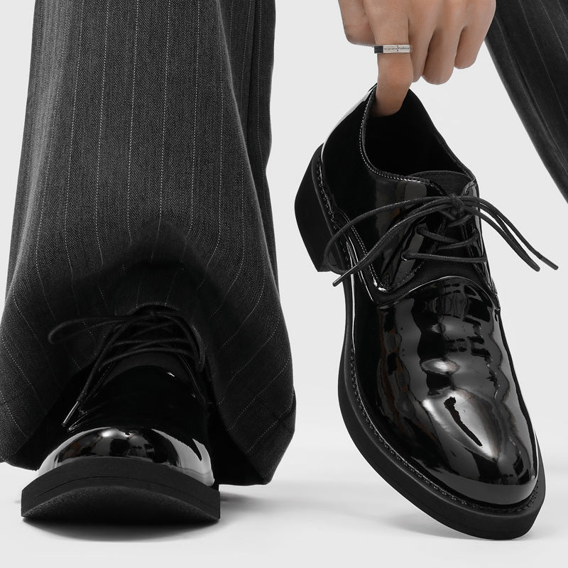 Men's Thick-soled Glossy Formal Wear Business Black Round Commuter British Style Men's Casual Leather Shoes