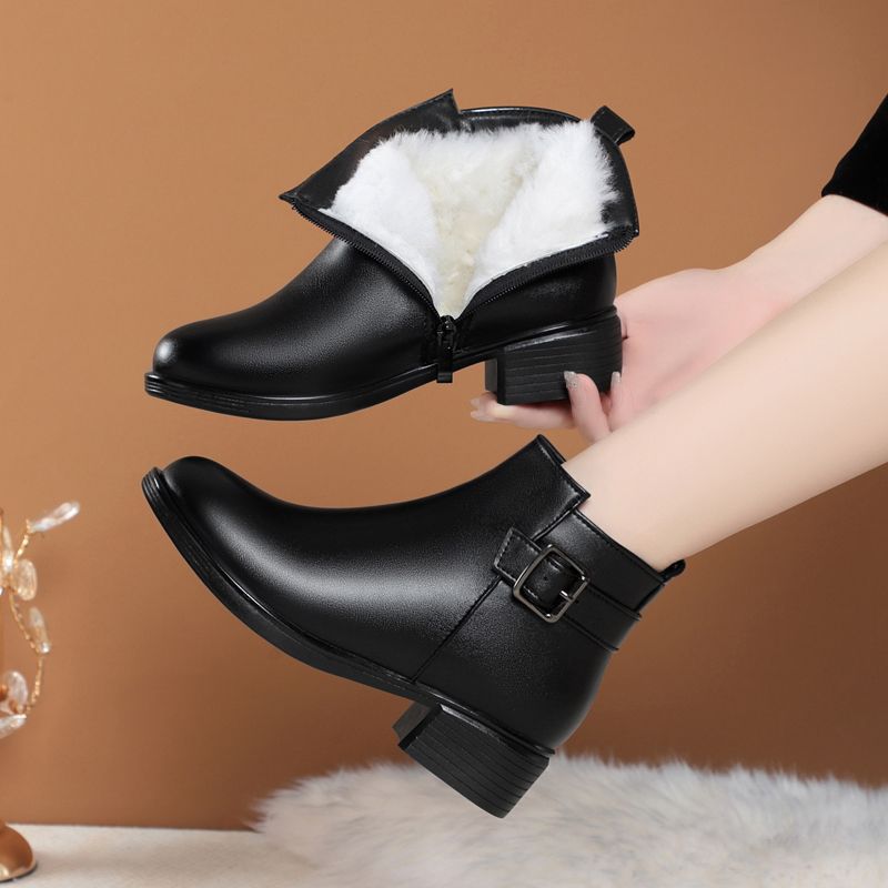 Women's Winter Fleece-lined Thermal Mom Low Real Women's Leather Boots