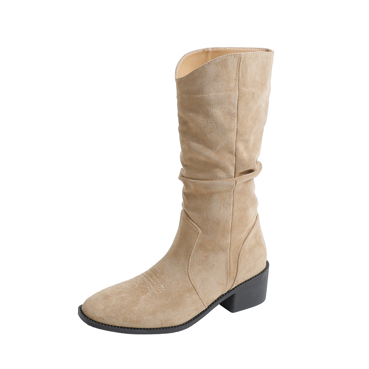 Women's Khaki V Cut Western Cowboy Middle Tall Knight High Pile Women's Leather Boots