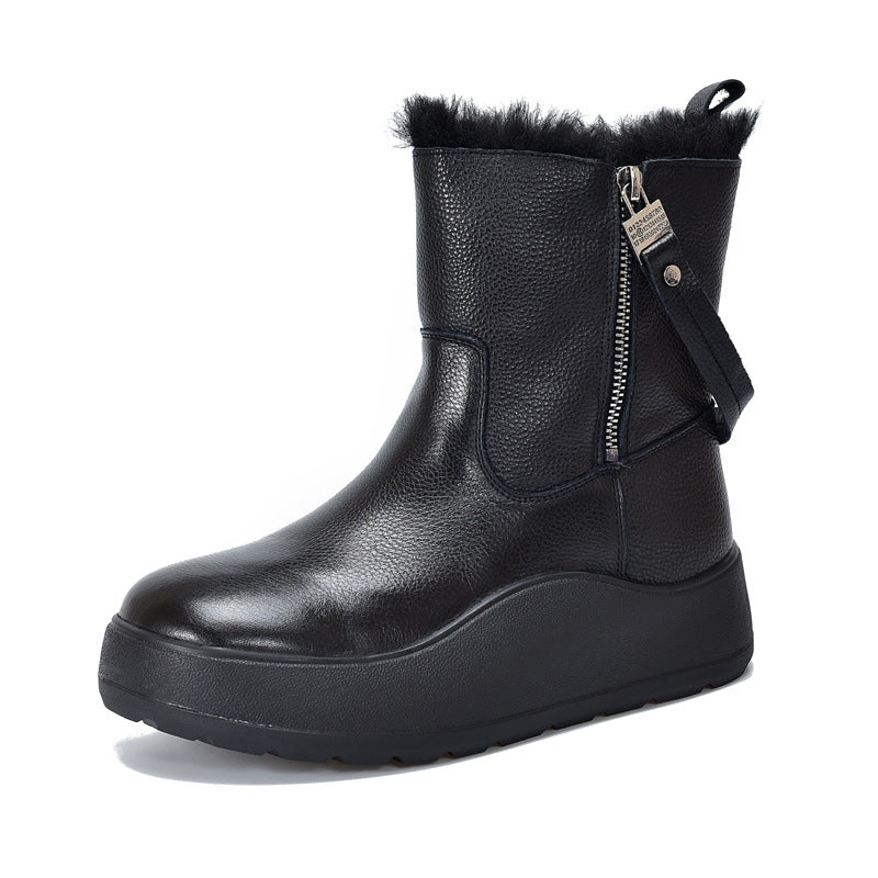Women's Zipper Top Layer Cowhide Platform Ankle Plus Snow Boots