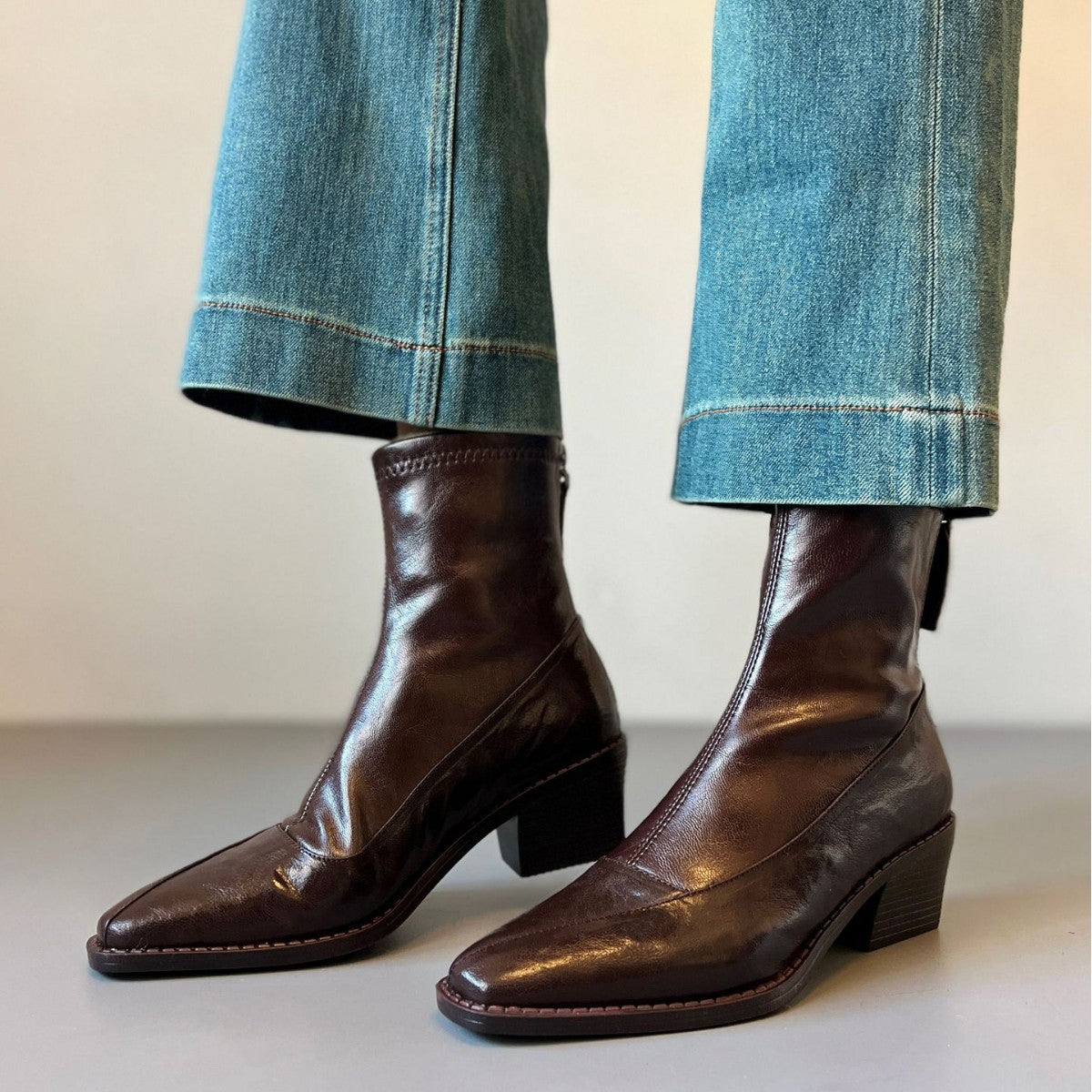 Women's French Retro Skinny High Chunky Ankle Back Zipper Stretch Boots