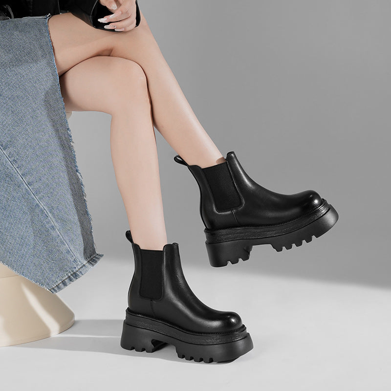Women's Chelsea Booties Martin Platform Smoke Pipe Invisible Elevated Women's Leather Boots