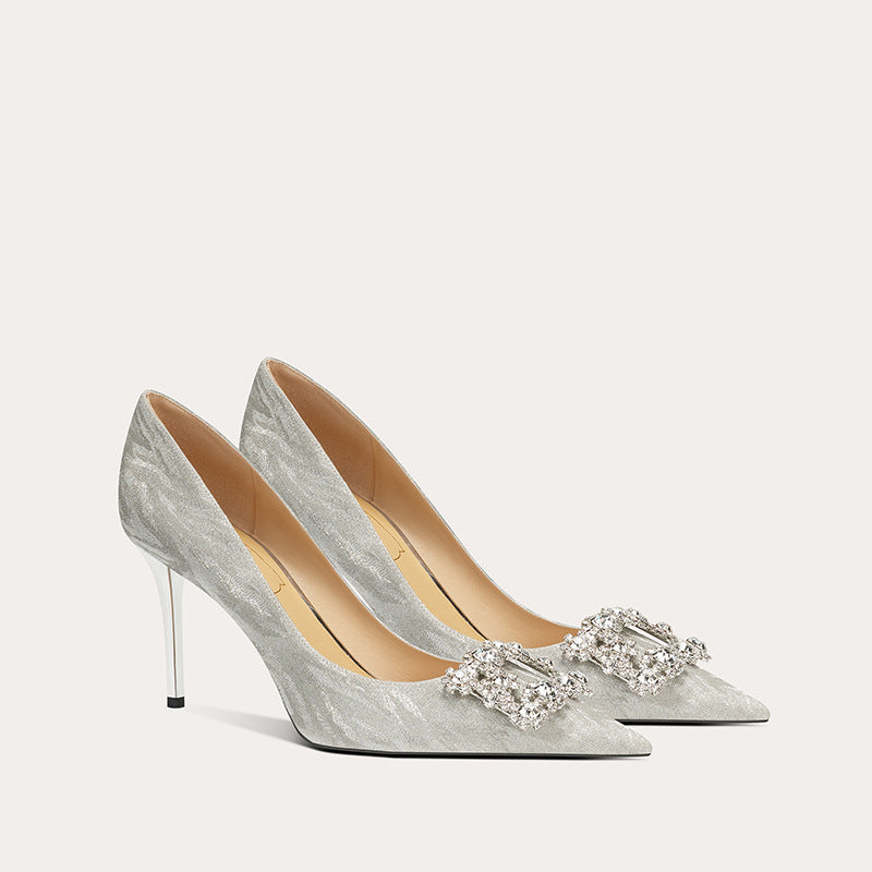 Women's French Style Officiate Bridal High Wedding Dress Square Buckle Rhinestone Women's Fashion Shoes