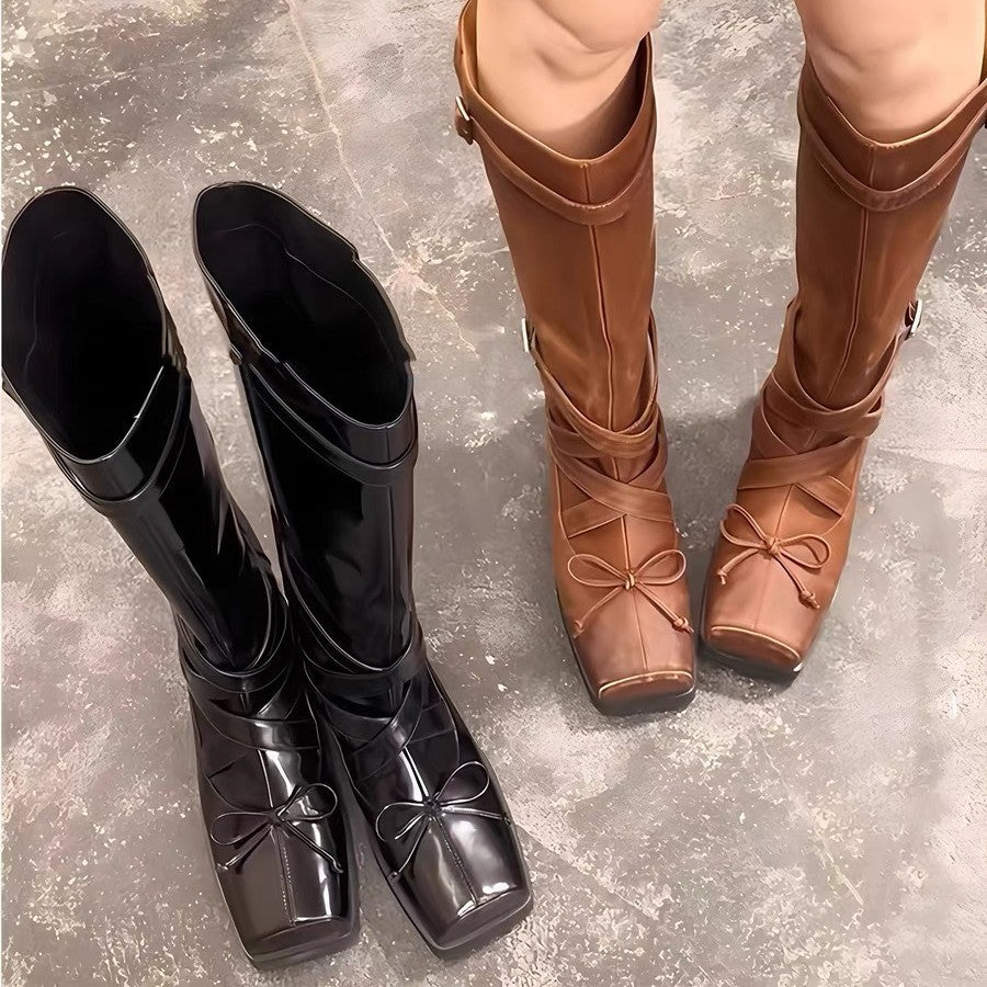 Women's Cowhide Version Square Head Ballet Chunky Tall Knight Heels