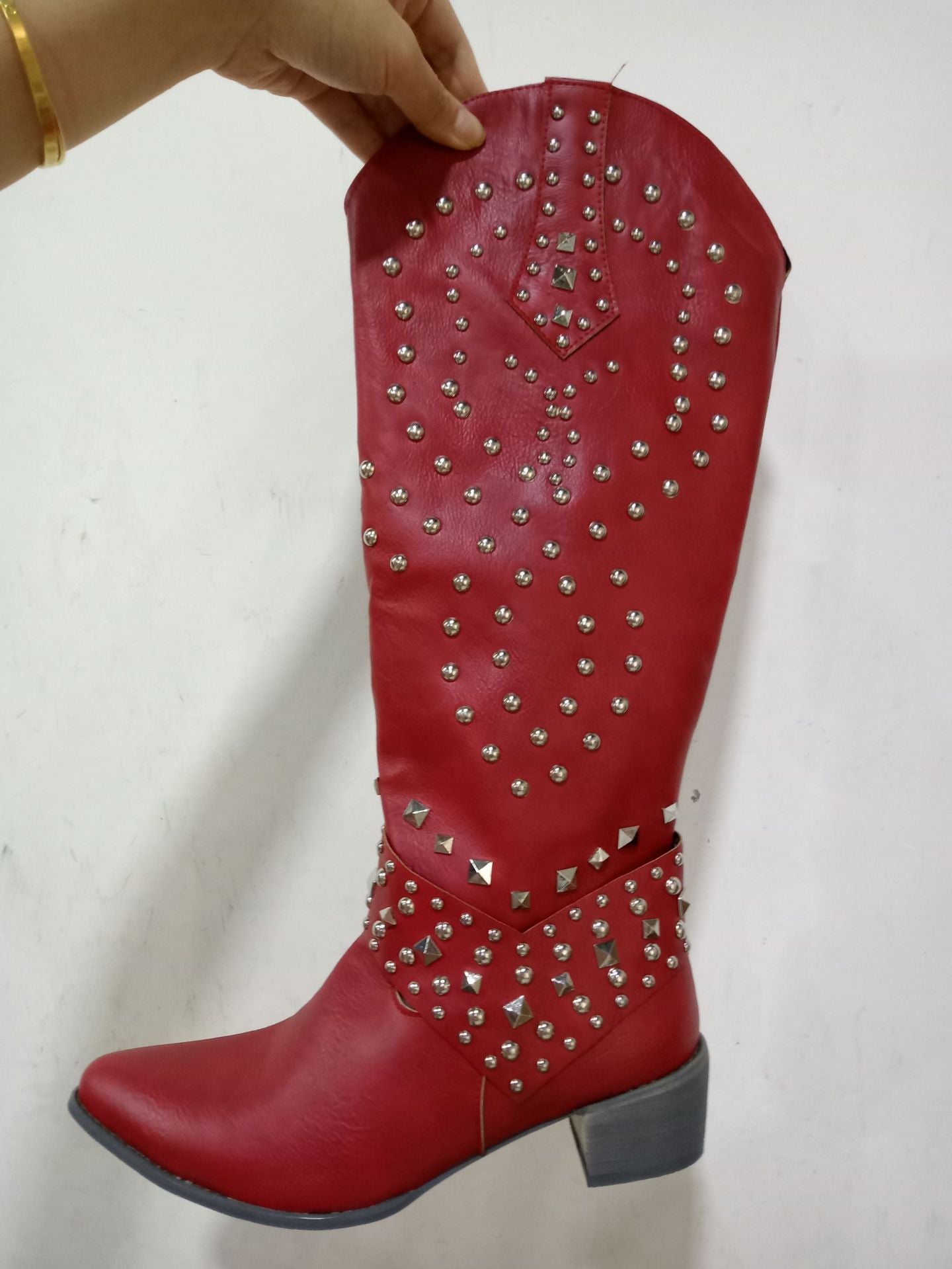 Women's Rivet Thick Mid Plus Size High Women's Leather Boots