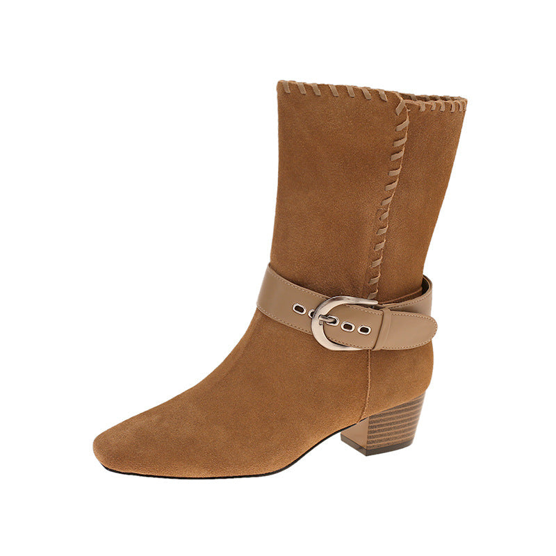 Women's Skin Length Loose Socks Autumn Genuine Chunky Women's Leather Boots