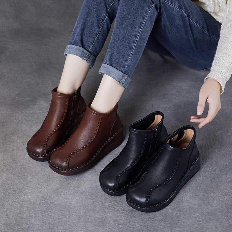 Women's National Style Vintage Soft Bottom Wedge Short Thick Mid Women's Leather Boots