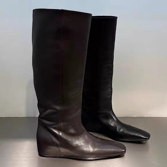 Women's Head Slimming Veet Padded Wide Tube Korean Women's Leather Boots