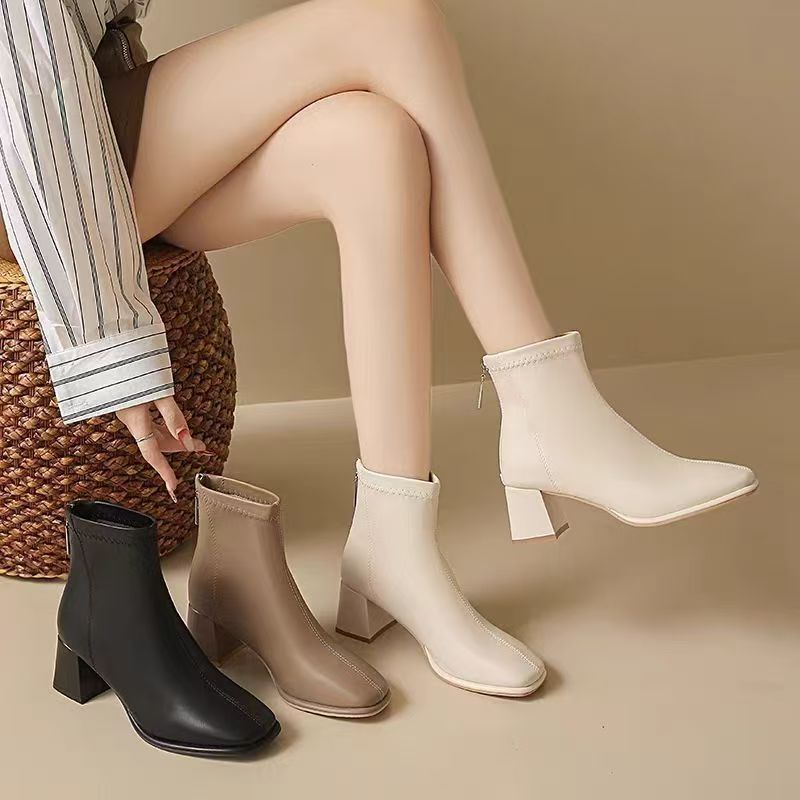 Women's Skinny Slimming Martin Square Toe Ankle Fleece-lined Small Fashionable White Women's Leather Boots