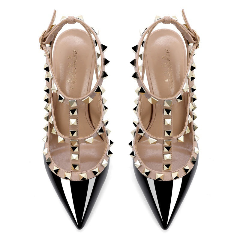 Women's V's Rivet Pointed Toe Stiletto Lace Up Heels