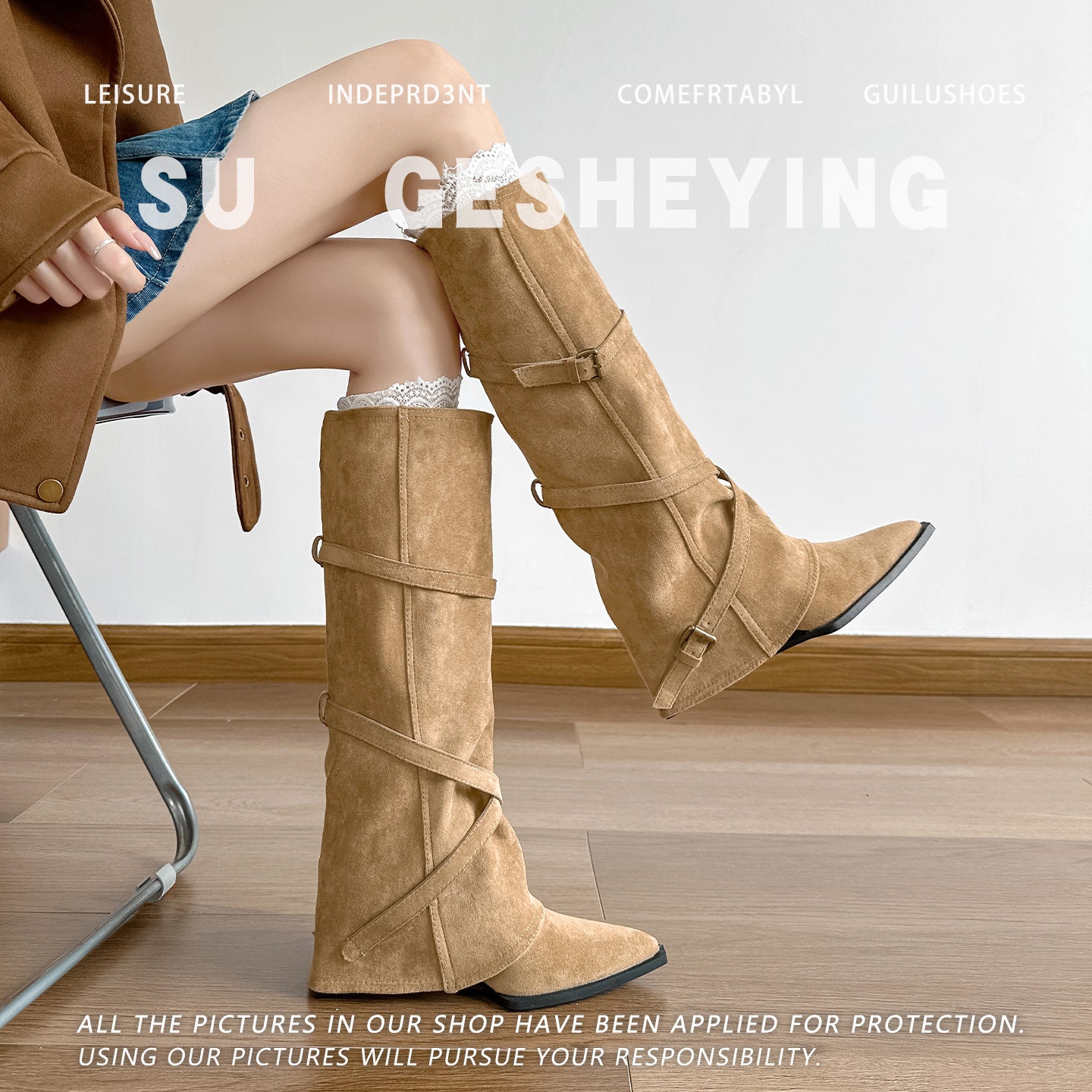 Women's Retro Pointed Toe Height Increasing Insole Women's Leather Boots