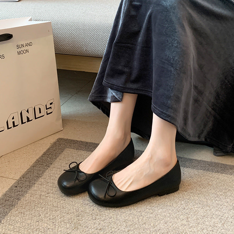 Women's French Style Low-cut Slip-on Pumps Graceful Bow Flat Widened Large Women's Fashion Shoes