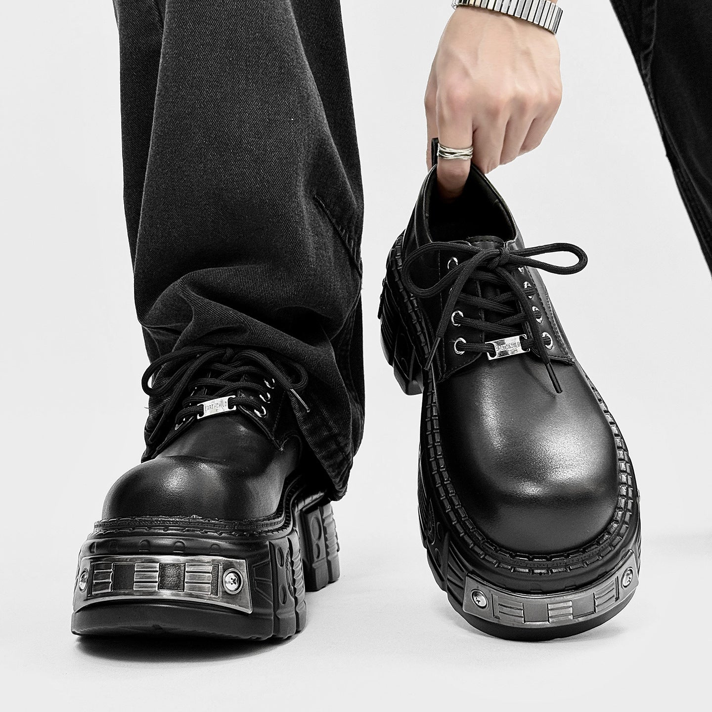 Men's Derby Thick Bottom Round Head Leisure British Style Height Increasing Leather Shoes