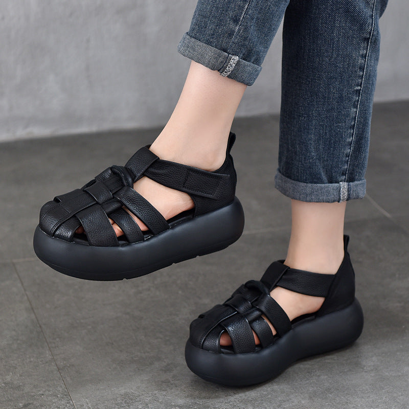 Women's Lightweight Genuine Closed Toe Summer Cowhide Roman Platform Sandals