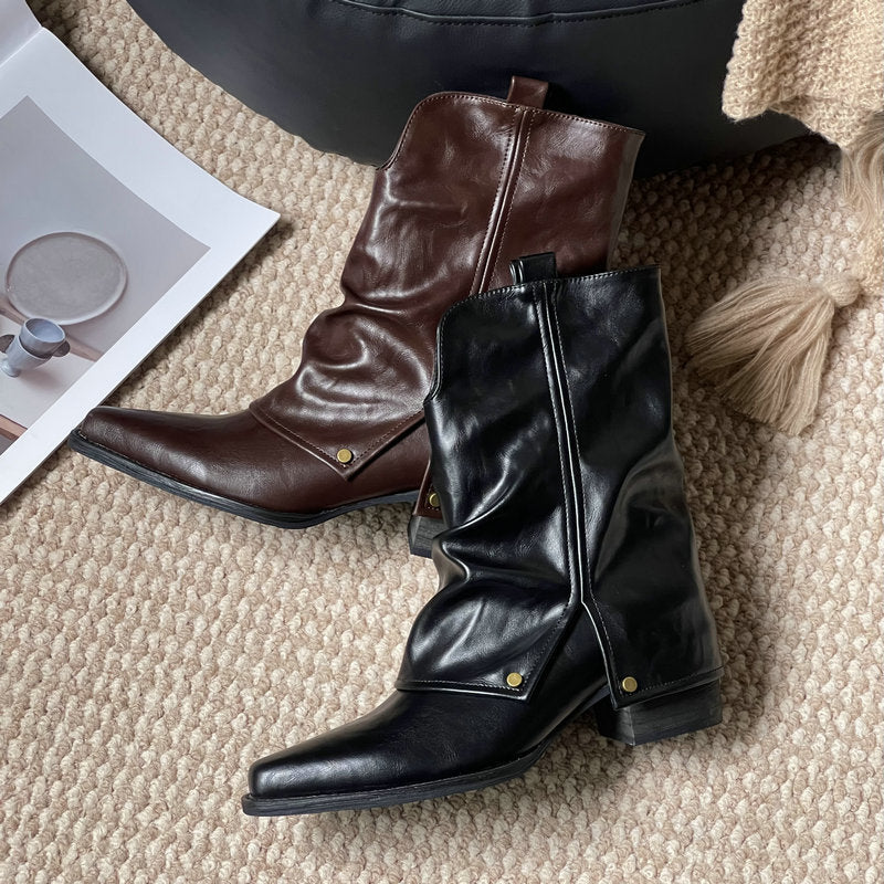 Women's Short Thick Pointed Toe Design Black Women's Leather Boots
