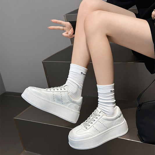 Women's White Spring Fashionable Flat Height Increasing Sneakers