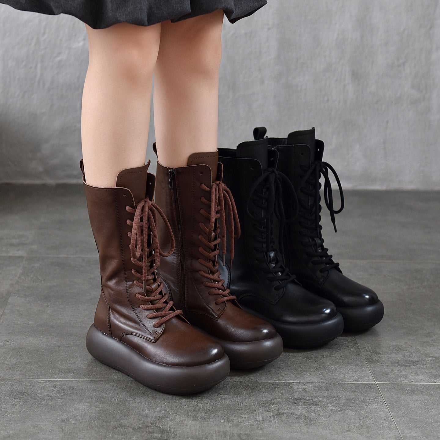 Women's Layer Cowhide Martin Round Head Thick Bottom Retro Single Side Women's Leather Boots