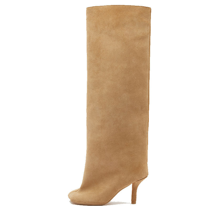 Women's Square Toe Stitching Stiletto Straight High Simple Women's Leather Boots