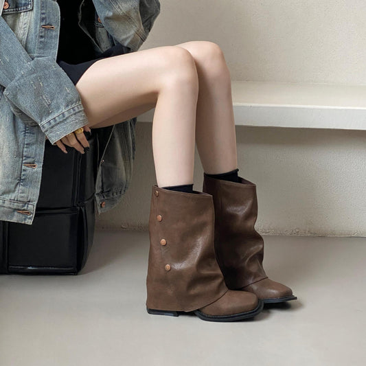 Western Denim Pile Style Knight Early Autumn Martin Women's Leather Boots