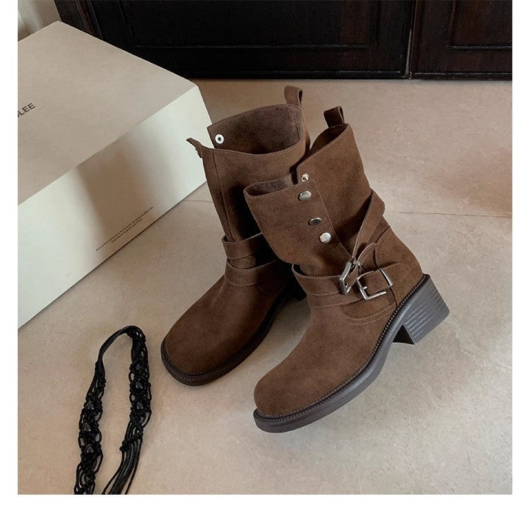 Increasing Chunky Platform Buckle Cow Suede High-heeled With Short Tube Heels