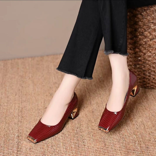 Women's Cowhide Metal Square Toe Low-cut French Style Temperament Chunky Comfortable Leather Shoes