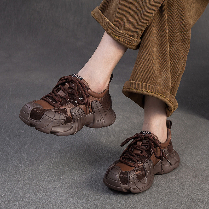 Women's Comfortable First Layer Cowhide Round Toe Dad Women's Casual Shoes