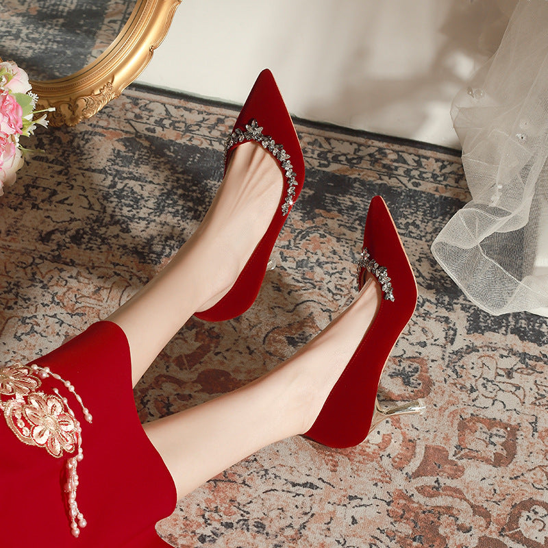 Red Wedding Small Size Rhinestone Toast Clothing Heels